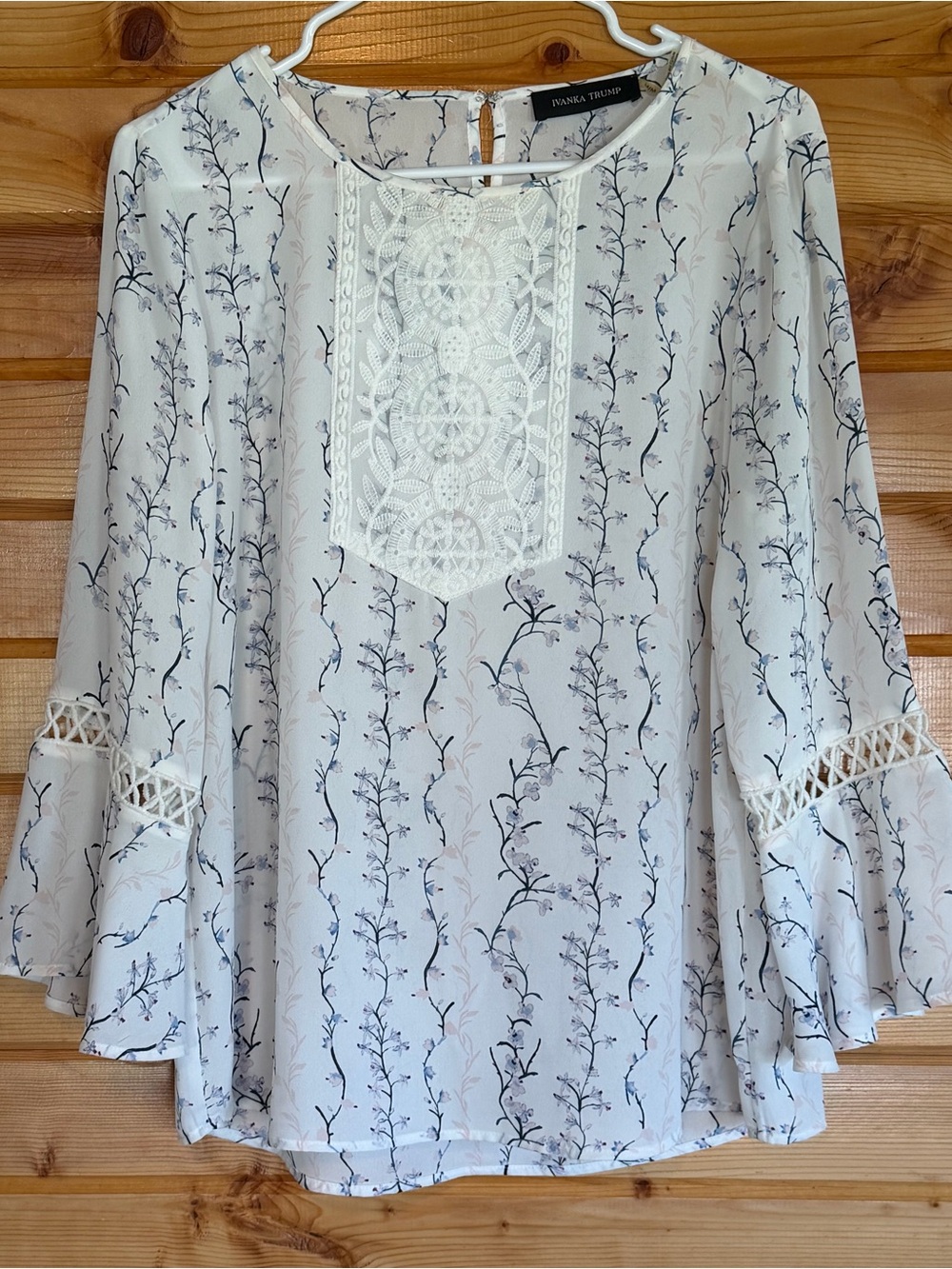 Ivanka Trump White Floral Lace-Trim Bell Sleeve Blouse